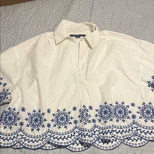 French Connection White Blouse with Blue Embroidery